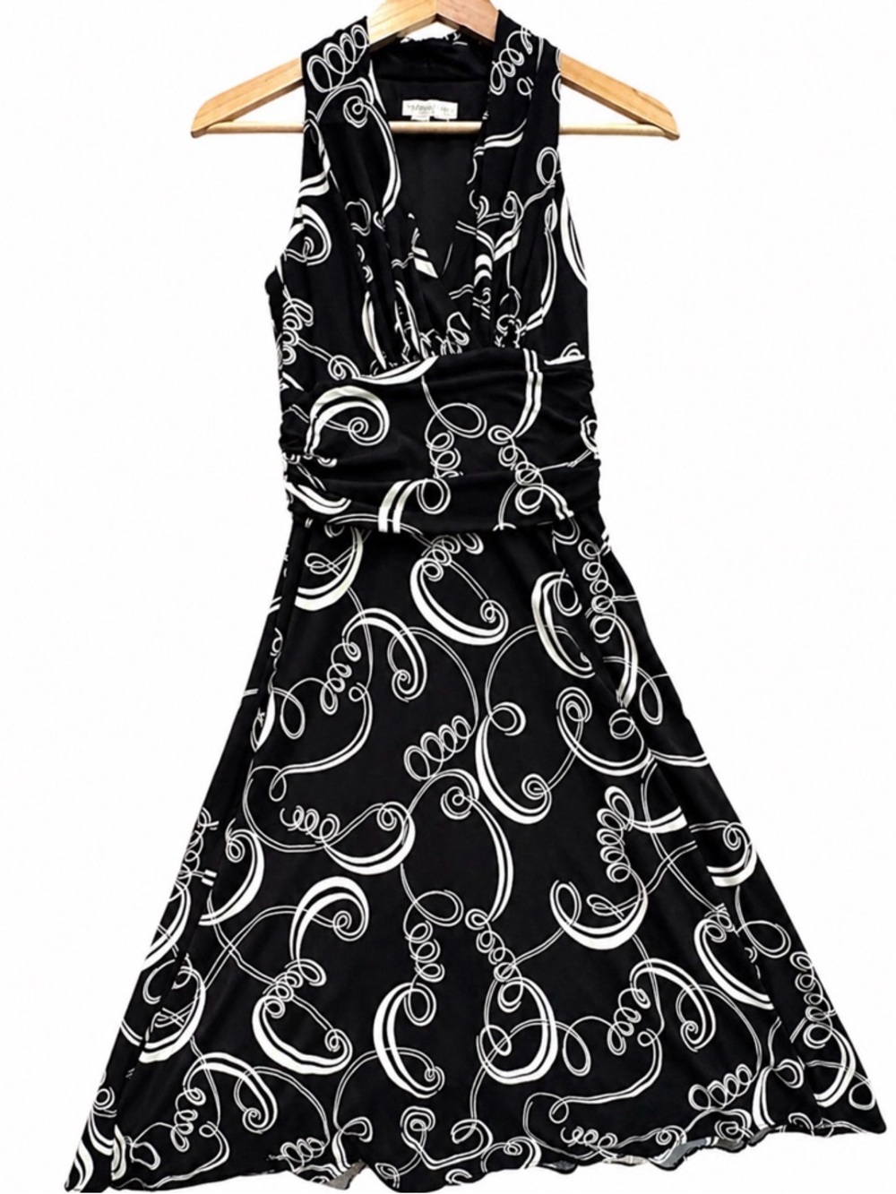 London Times Black and White Swirl Midi Dress Sundress Summer Boho Date Night 🌻